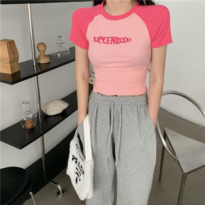 Women Spring Summer Splicing Color Short Sleeved T-shirt O-Neck Tight Blouses Pullover Slim Short Top S-XXL