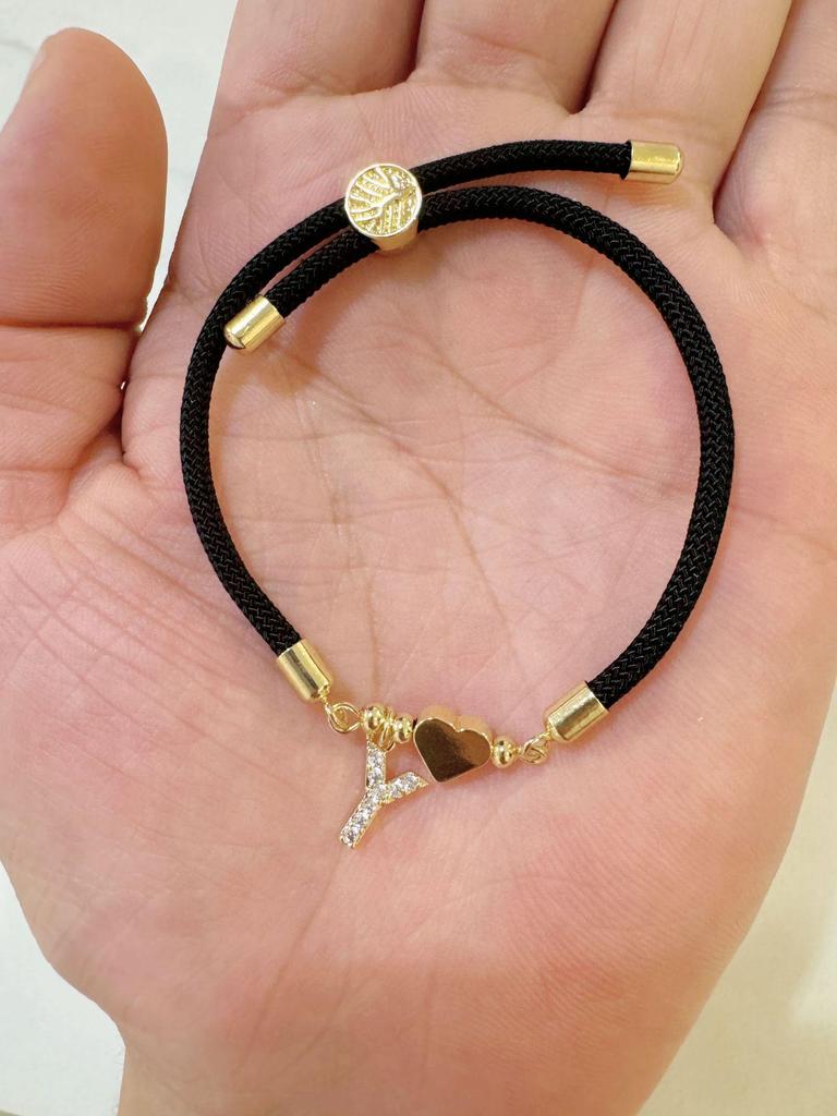 Classic A-Z Initial Heart Bracelet with Zircon on Adjustable Black Cord