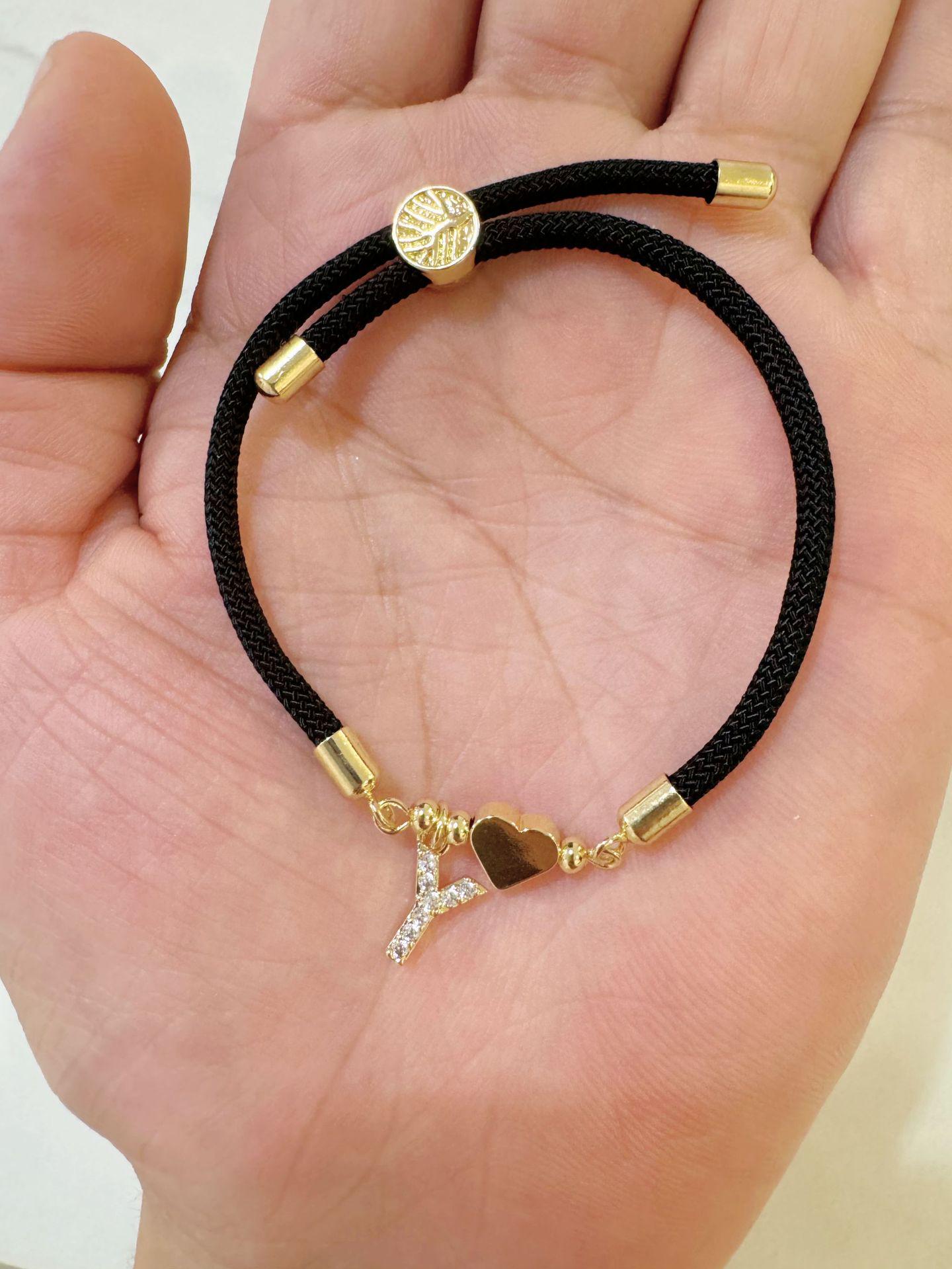 Classic A-Z Initial Heart Bracelet with Zircon on Adjustable Black Cord