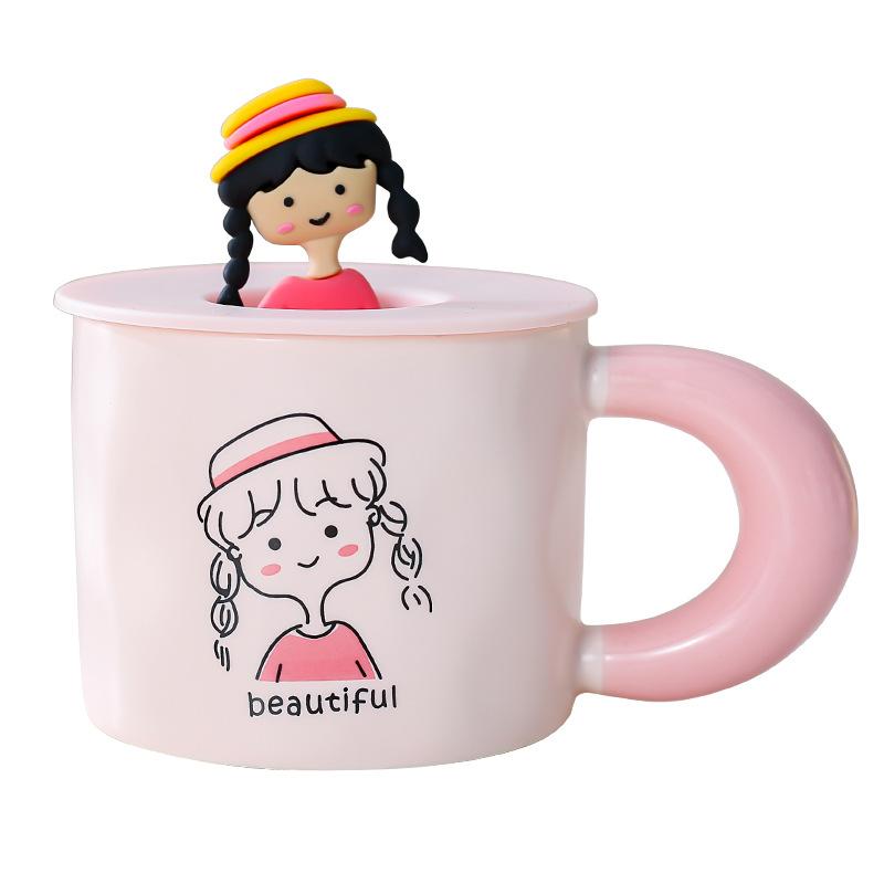 Korean Cute Cartoon Character Mug Pink Girl Heart Ceramic Cup Water Cup with Lid Coffee Cup Couple Cup