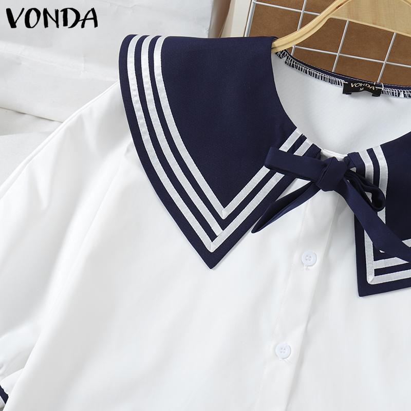 VONDA Damen Matrosenkragen Schleife Kurzarm Gestreift Knöpfe Bluse College-Stil