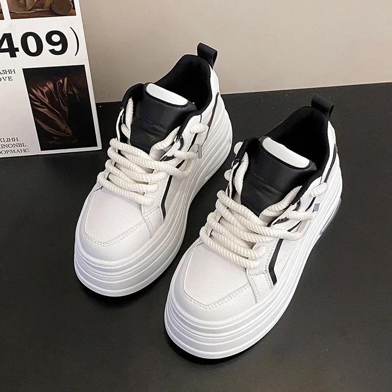 Fashion New Chic Platform Sneakers for Womens Leather Lace-up Comfort 8CM Thick Bottom Sport Shoe Small White Vulcanize Shoes
