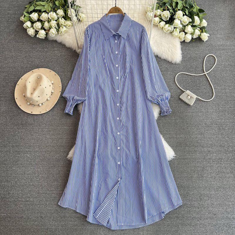 

Весна и Осень 2025 Новое поступление K-стиль Винтажная полоска Длинные рукава Французское платье-рубашка Приталенное Молодежное Элегантное платье Женщины Blue All yards