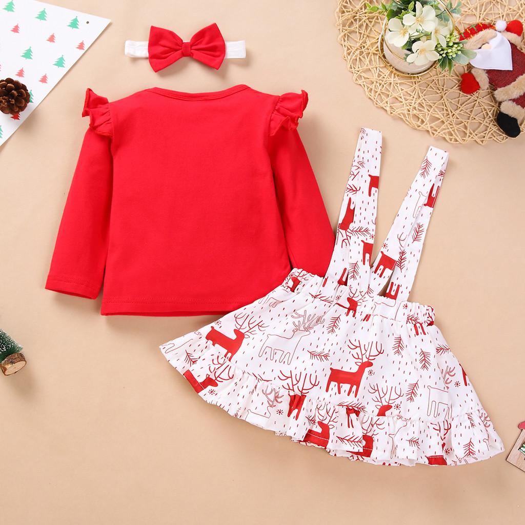 Newborn Baby Girl Long Sleeve Deer Tops+Bowknot Suspender Skirt+Headband Set