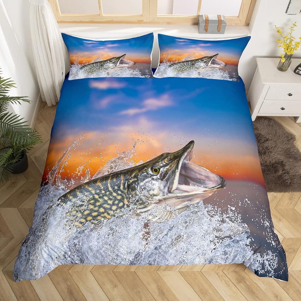 Turquoise Bass Fish King Queen Bedding Set Sea Animal Duvet Cover Hunting Theme Woodland Jungle Scene Polyester Comforter Cover