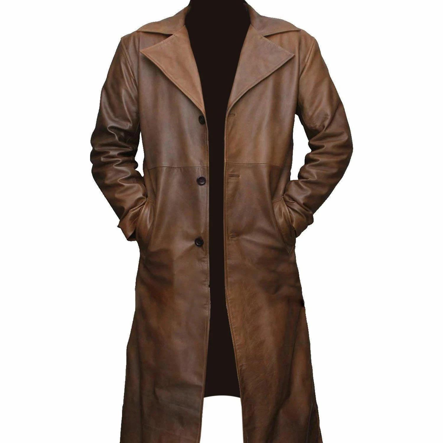 

Genuine Lambskin Leather Trench Coat Brown Men s Overcoat Jacket Long Winter Coat 3XL коричневий