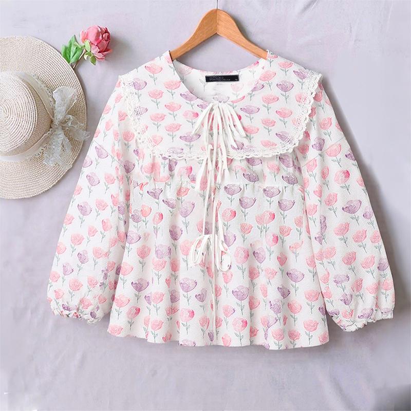 ZANZEA Women Casual Navy Collar Loose 3/4 Sleeve Print Blouse