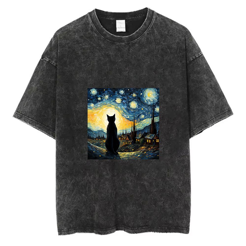 Vintage Washed Van Gogh Starry Night Black Cat Graphic Print T-Shirt Casual Short Sleeve Crew Neck