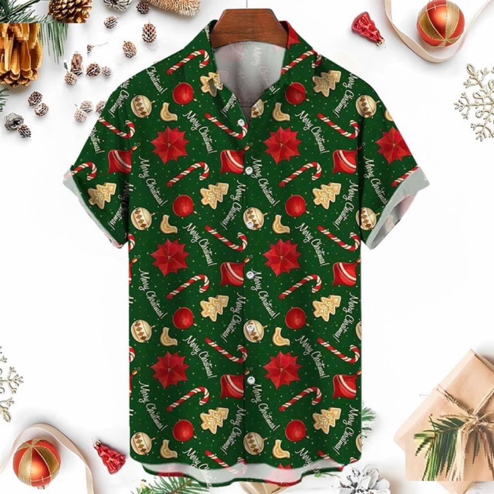 Retro Style Christmas Tree Reindeer Snowflake Printed Short Sleeved Shirt for Men and Women Christmas Holiday Loose Casual Shirt