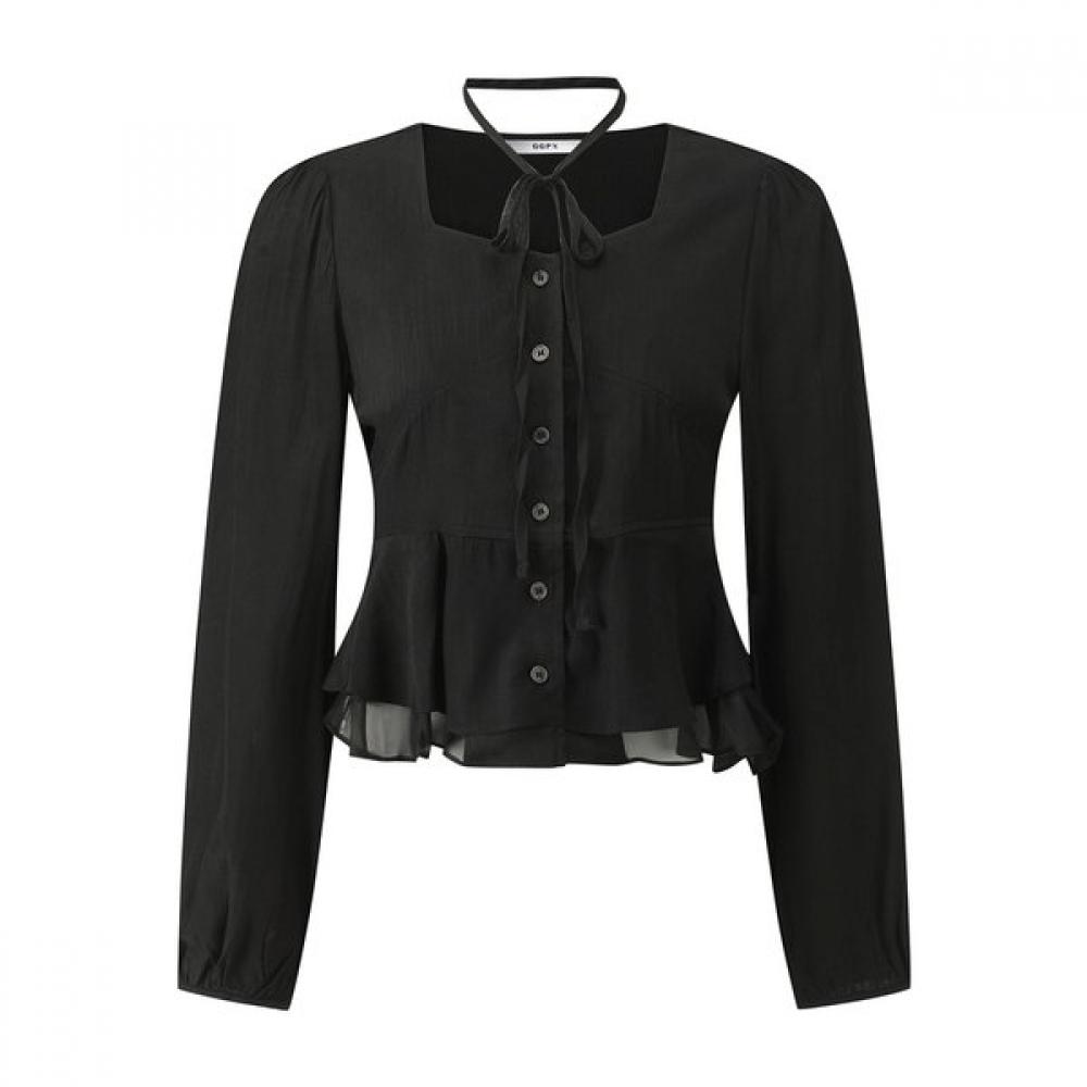 Ribbon Neck Square Double Ruffle Blouse  Gq1sh009f 