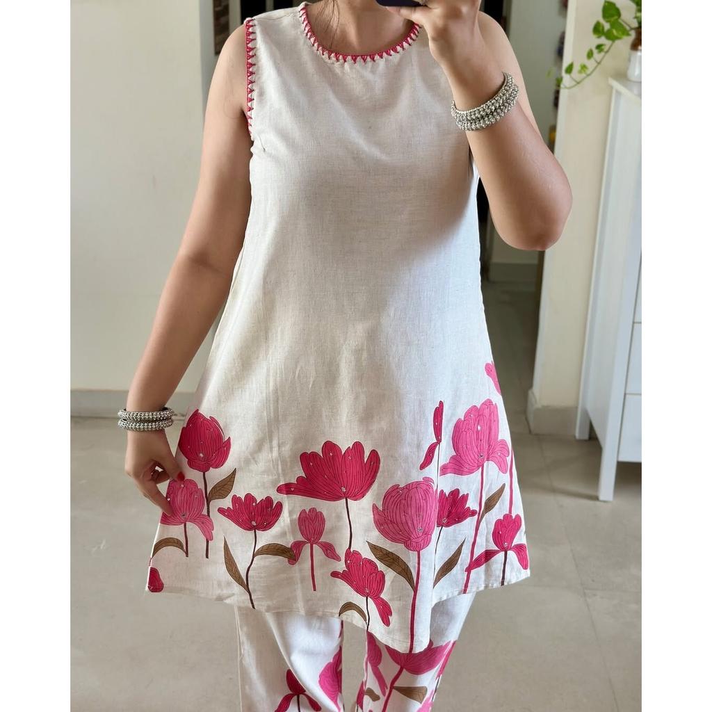 Damen Designer Baumwoll Kurta Hose Kordel Set Partykleidung Oberteil Tunika Ärmelloses Kurti VSO-1762 c