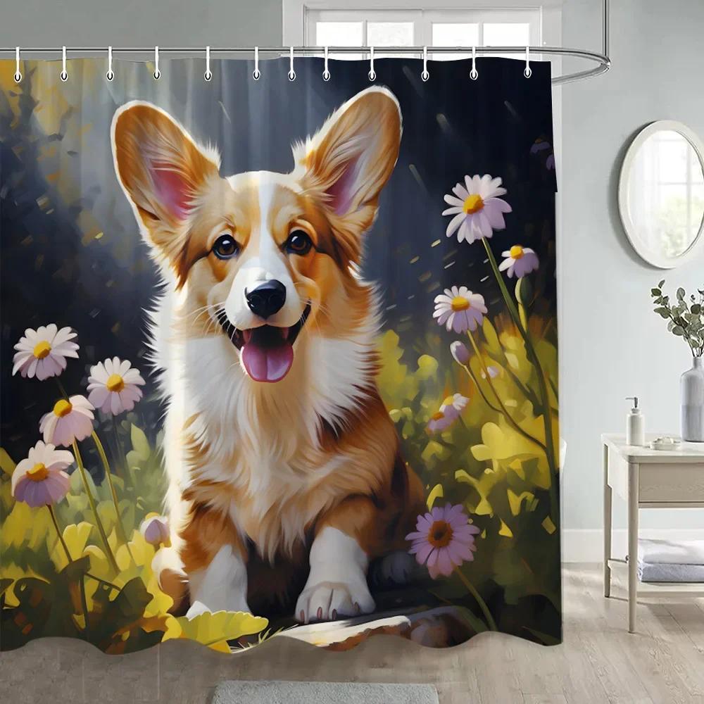 Cute Dog Shower Curtains Funny Animal Starry Sky Oil Painting Art Modern Polyester Fabric Bathroom Curtain Decorative With Hooks