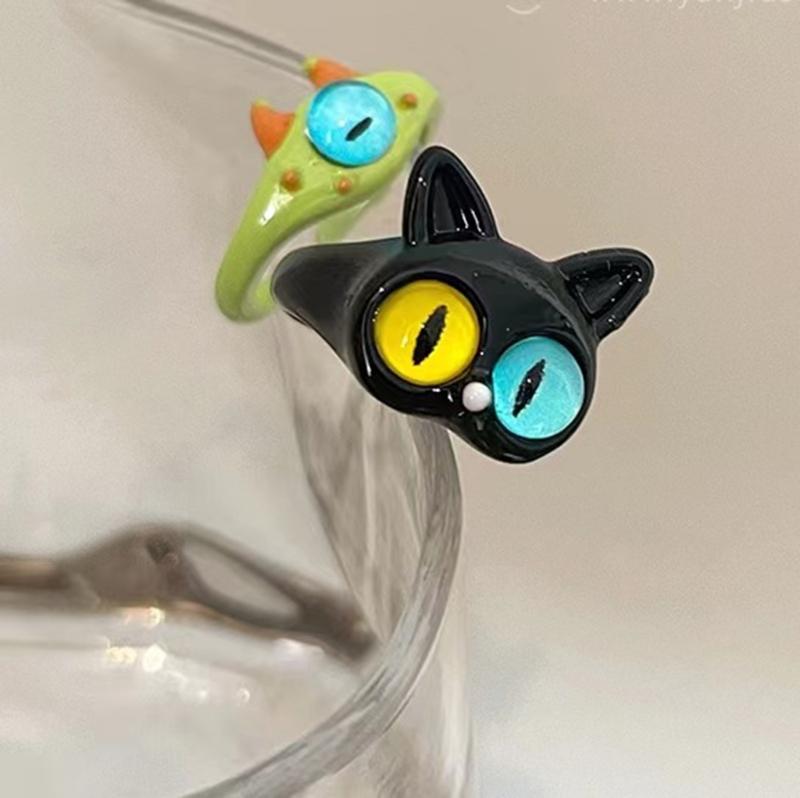 Funny Black Green White Cat Monster Ring Big Eyes Sweet Cool Cartoon Cute Girlfriends Couple Open Ring Gift Jewelry