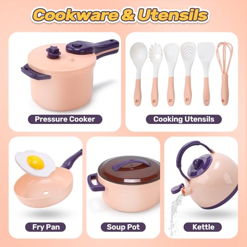 Cute Stone 61-Piece Play Kitchen Set, Includes Cookware, Pressure Cooker, Induction Cooktop, Pot, and Cookware, Realistic Ingredients, Cutting Play, P