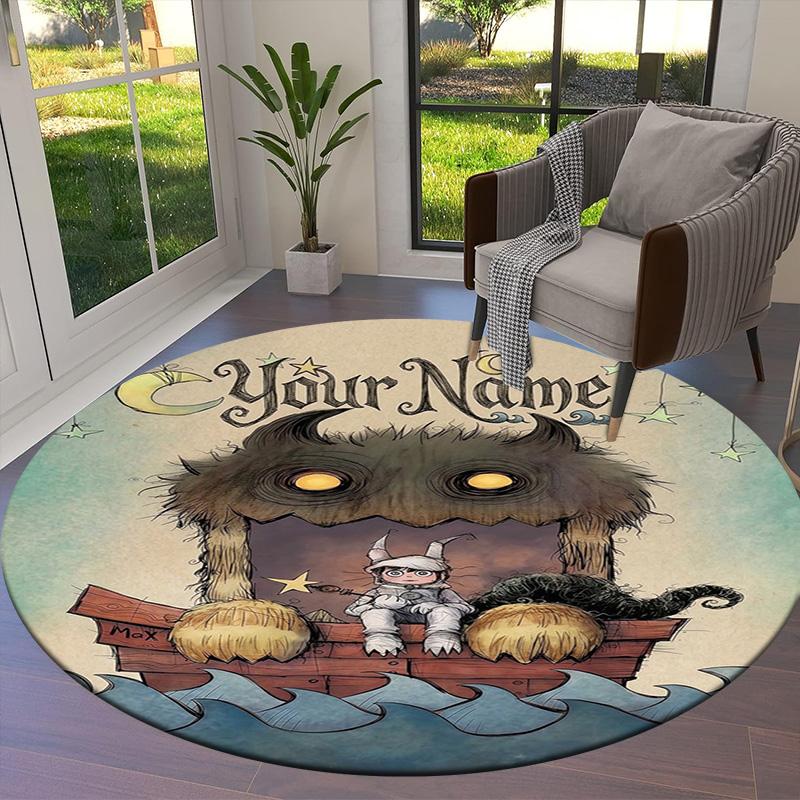 Moonlit Voyage Custom Name Round Area Rug Carpet Rug For Living Room Bedroom Sofa Playroom Decor Nonslip Floor Mat