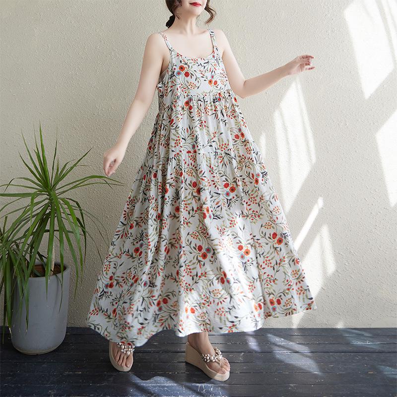 2025 Summer Cotton Linen Patchwork Maxi Dress: Printed, Sleeveless, Loose Fit One Size