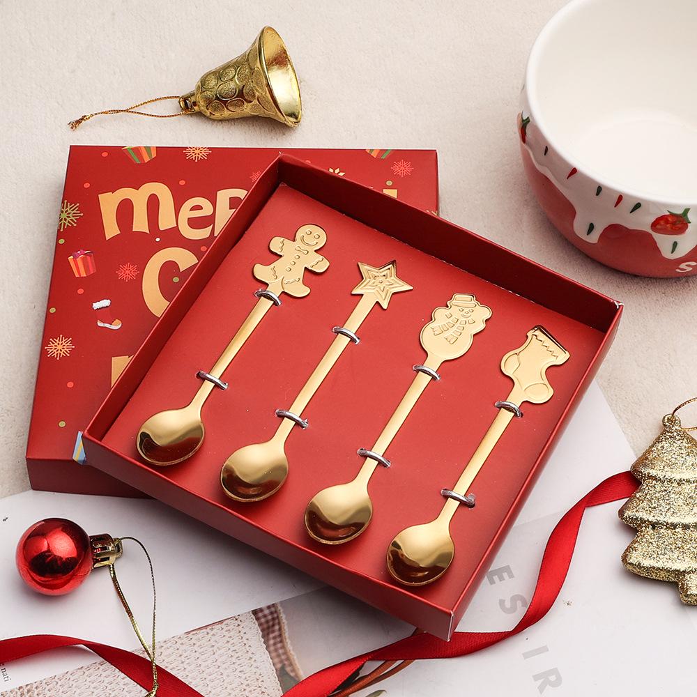 Christmas Gold Cartoon Coffee & Dessert Spoon Fork Set – Stainless Steel Pendant Gift Box