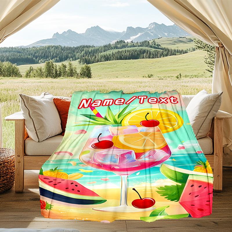 1PC Custom Name Summer Fruit Cocktail Outdooor Flannel Blankets Throw Blanket All-Season Throw Gift Bedspread for Couch, Bed, Camping Holiday Birthda
