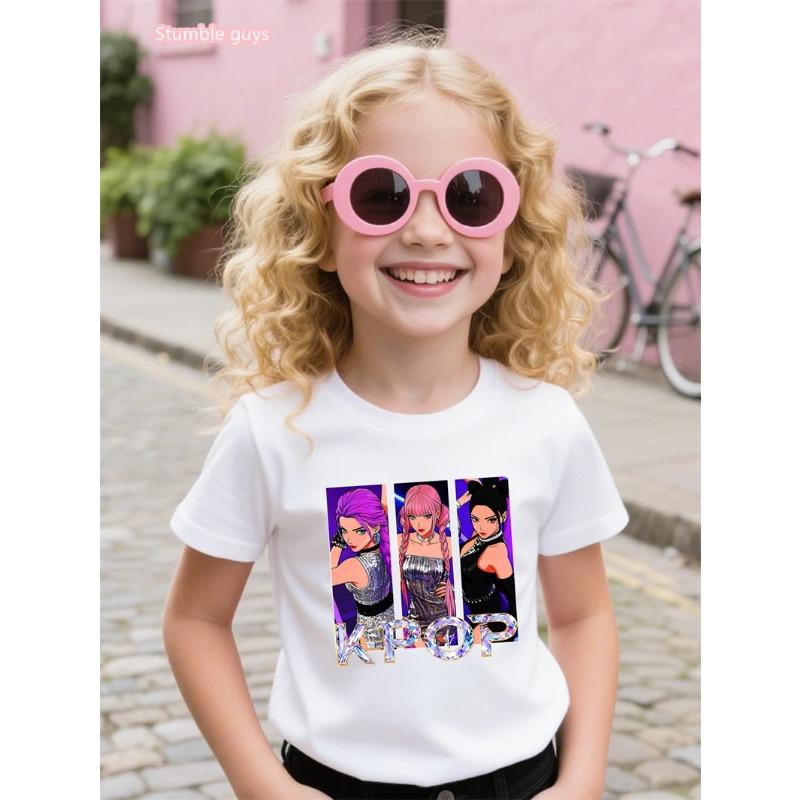 Summer Casual Girls Anime T-Shirt Cute Kpop Idol Print Short Sleeve Soft Cartton Anime Clothes Fashion Kids Tee Tops