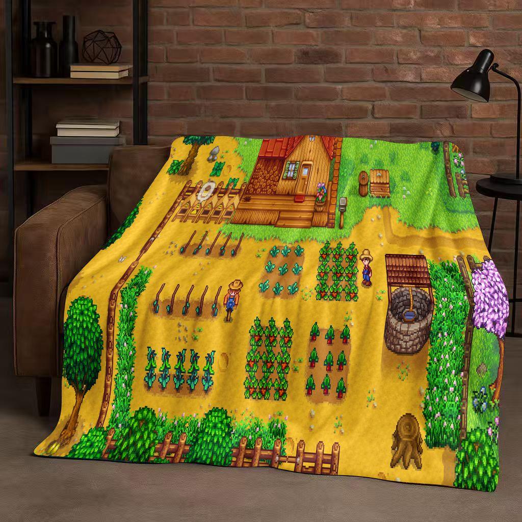 3D Retro Stardew Valley Farm Map Pixel Game Flannel Blanket,Ultra Soft Warm Plush Throw for Home Bedroom Bed Sofa Cover Kid Gift