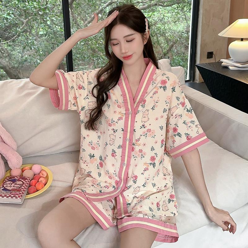 Pajamas Women's Short Sleeve Shorts Bubble Cotton Cardigan Sweet Girl Loose and Fattened Plus Size 55kg Set Home Furnishing