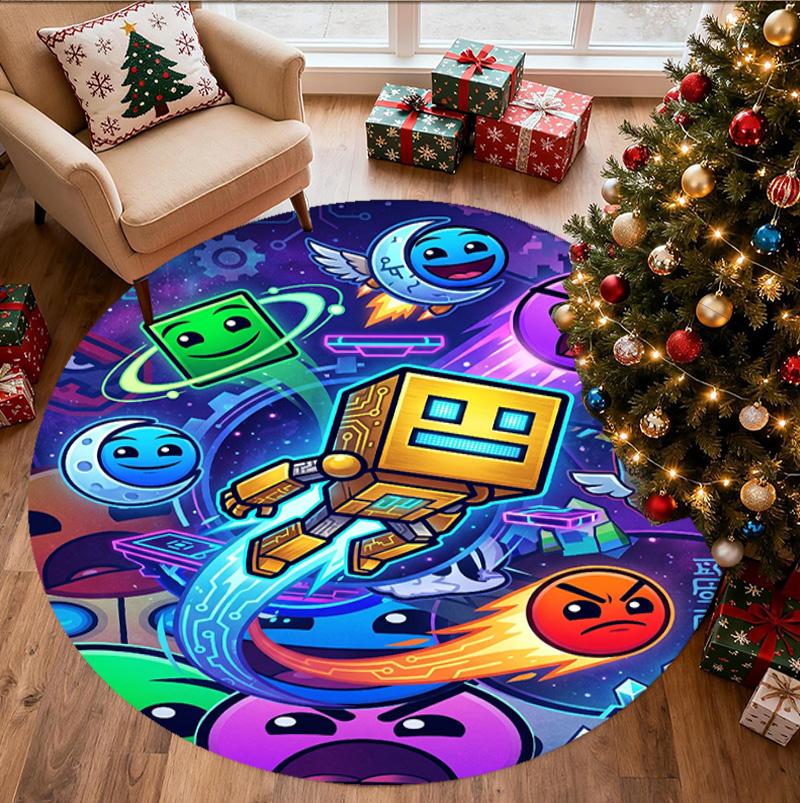 Geometry Dash Pattern Round Rug, Indoor/Outdoor Mat, for Picnic, Gameroom, Bedroom, Office, Living Room, Home Decor Carpet, Birthday Gift