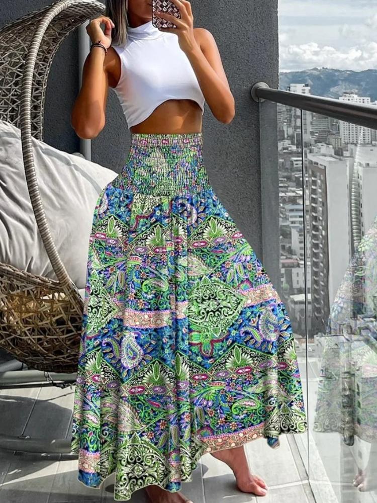Fashion Cotton Women Floral Print Skirt Side Tie Beach Skirts Summer High Waist Wrap Flower Long Skirt