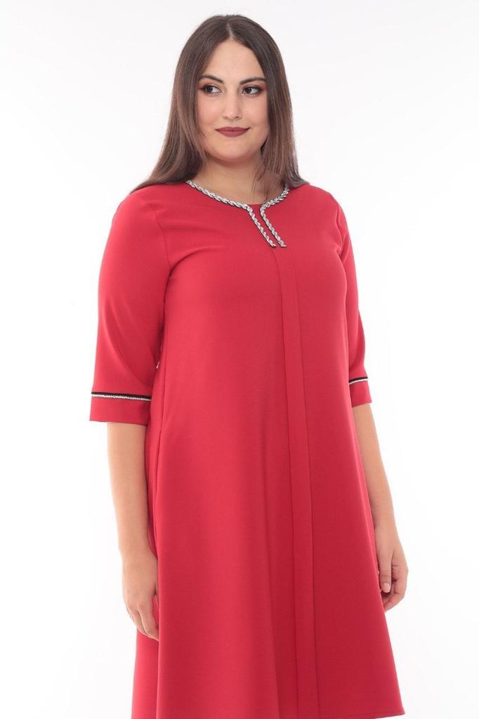 Women's Big Size Dress Plus Size Dress with Collar and Sleeve Stone Accessory Detail