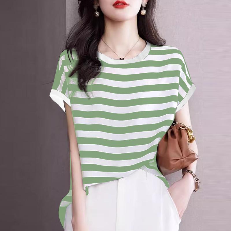 ZANZEA Women Casual Round Neck Short Sleeve Striped Solid Color Loose Blouse