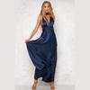 Women Summer Strap V Neck Backless Bandage Satin Solid Color Big Hem One Piece Dress