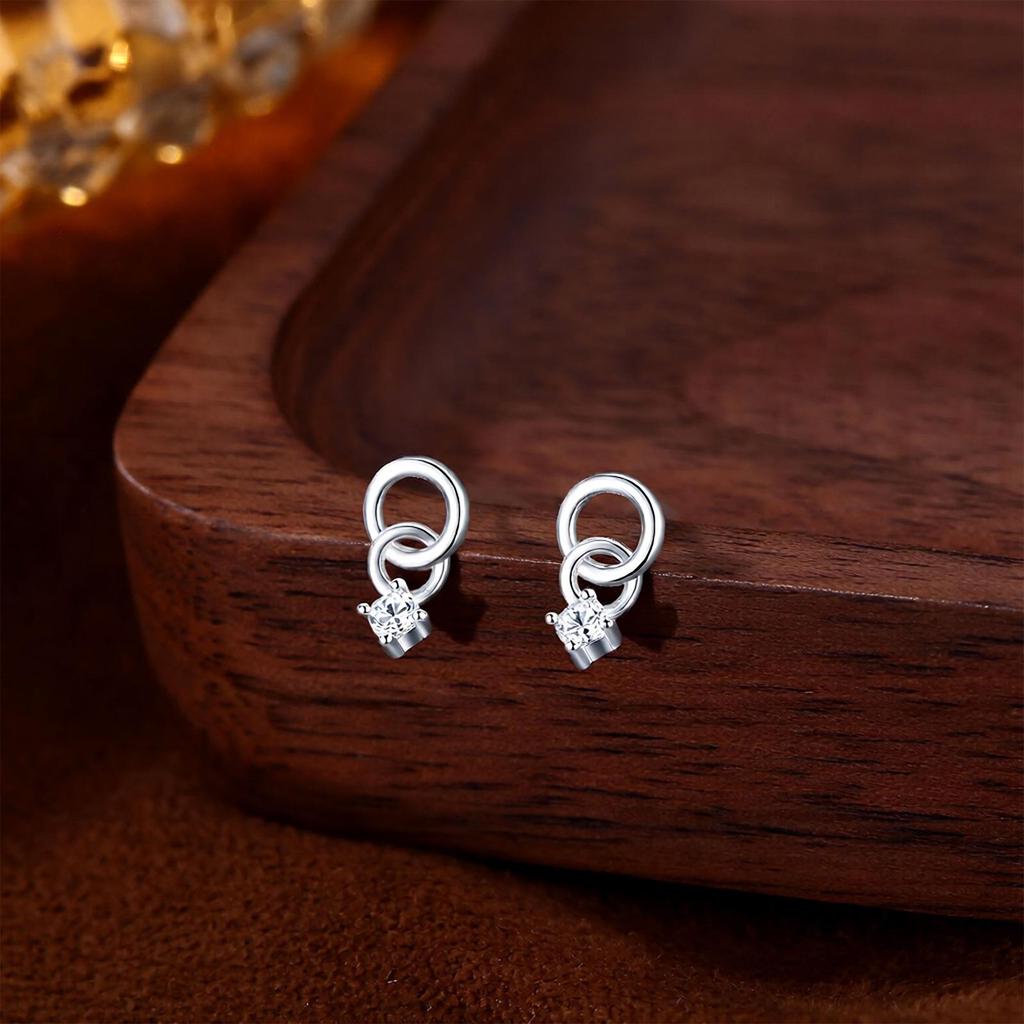 S999 Sterling Silver Geometric Double Ring Stud Earrings - Simple Design Silver Earring Accessories