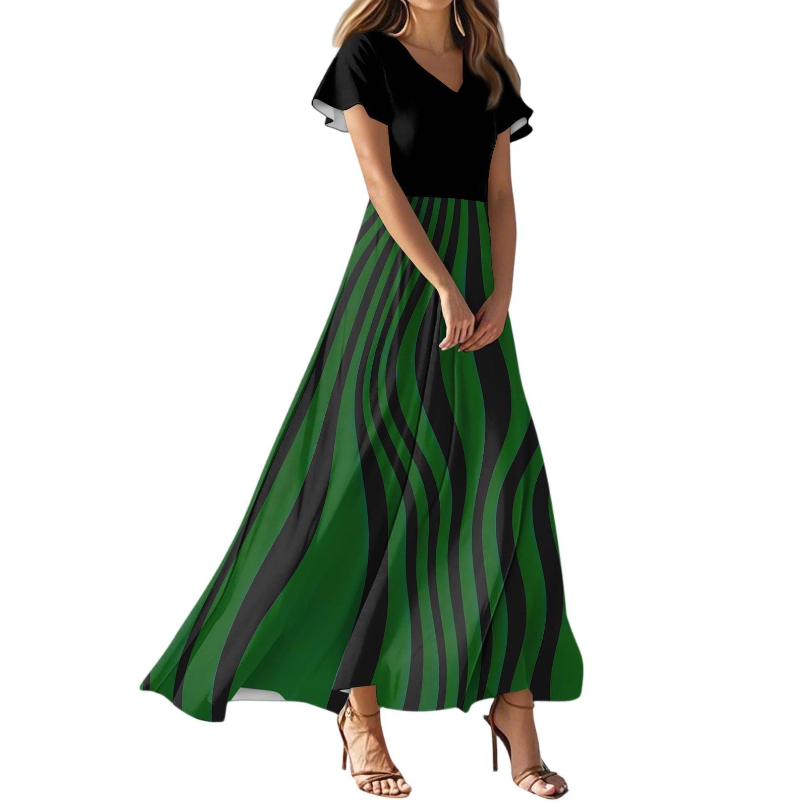 Women s Summer Casual Fashion Striped Printed Dress V Neck Short Sleeve Dress S