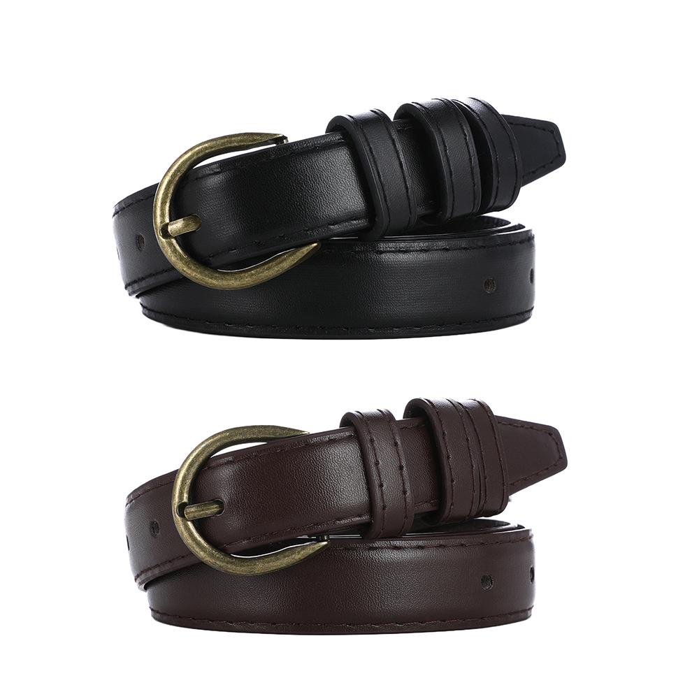 Retro Gürtel im koreanischen Stil mit Dornschließe aus dünnem Leder für Damen - Dekorativer Studentengürtel mit Kuh-Detail für Hosen und Röcke