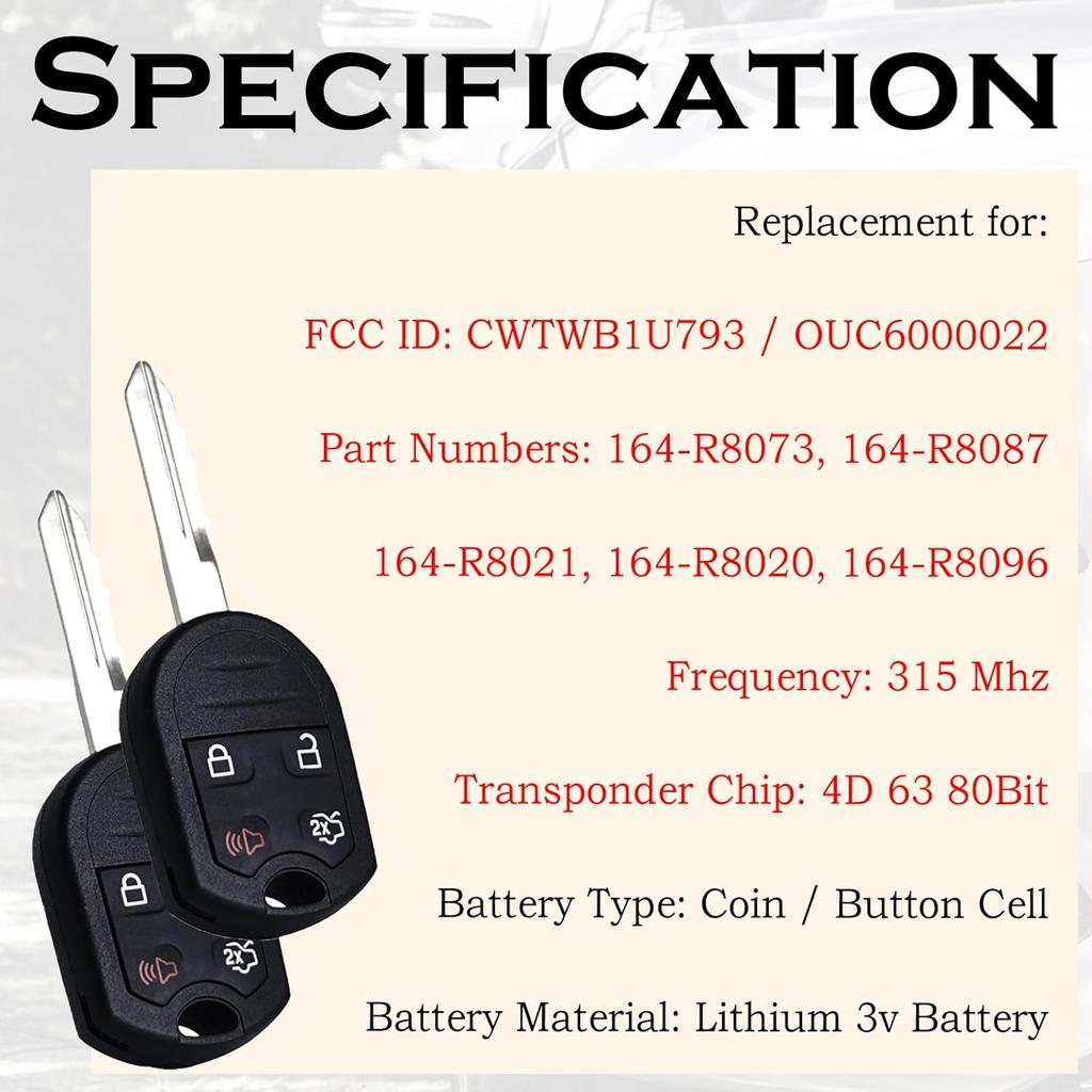 Car Key Fob Replacement Fits for Ford Explorer 2001-2015 Mustang Expedition Edge Focus Taurus Escape Flex Fusion Lincoln Navigator CWTWB1U793 Keyless