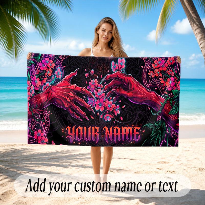 Rose Floral Theme Beach Towel Personalized Custom Name & Text Soft Quick Dry Beach Towel for Swimming Travel