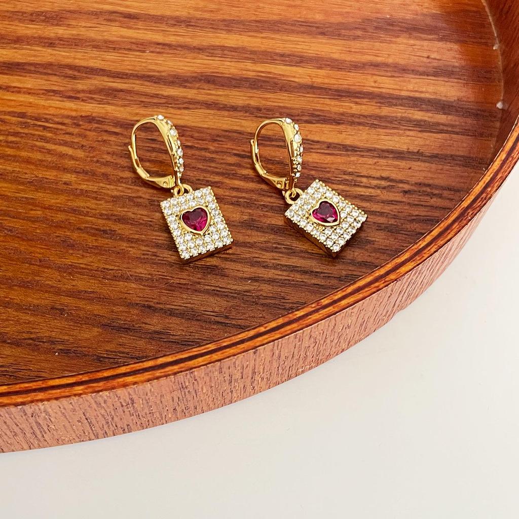 Luxury Dark Red Zircon Heart-Shaped Earrings: Brass Gold Plated, Diamond Inlaid, High-End Design for Women