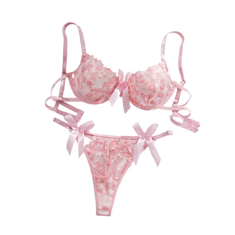 European & American Floral Embroidery Lingerie Set: Mesh Push-Up Bra & See-Through Panties
