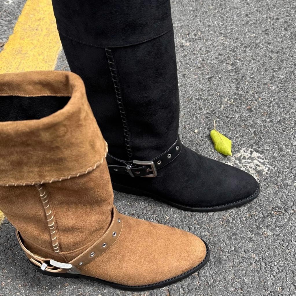 Korean Version Flanged Low Heel Small Round Head Western Boots Female Knight Boots Belt Buckle Long Cowboy Boots High Ballet Boots