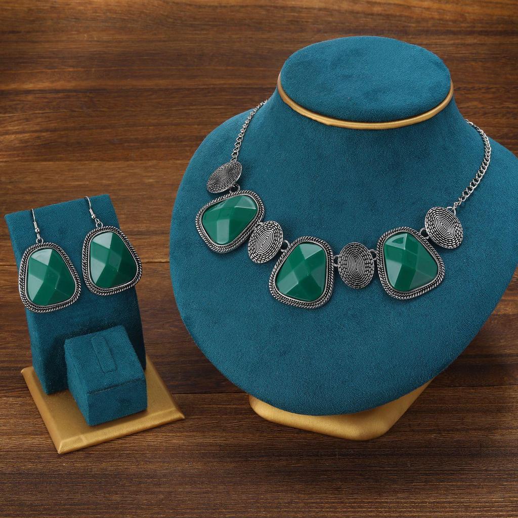 Bohemian Exotic Rhinestone Tassel Necklace & Earrings Set In Antiqued Alloy