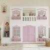 Kinderstapelbed 90 x 200 cm, Houten Hoogslaper in Wit Roze, Huisbed met Acryl Ramen, Opbergtrap, Open Speelruimte en Opklapbare Deur Beneden