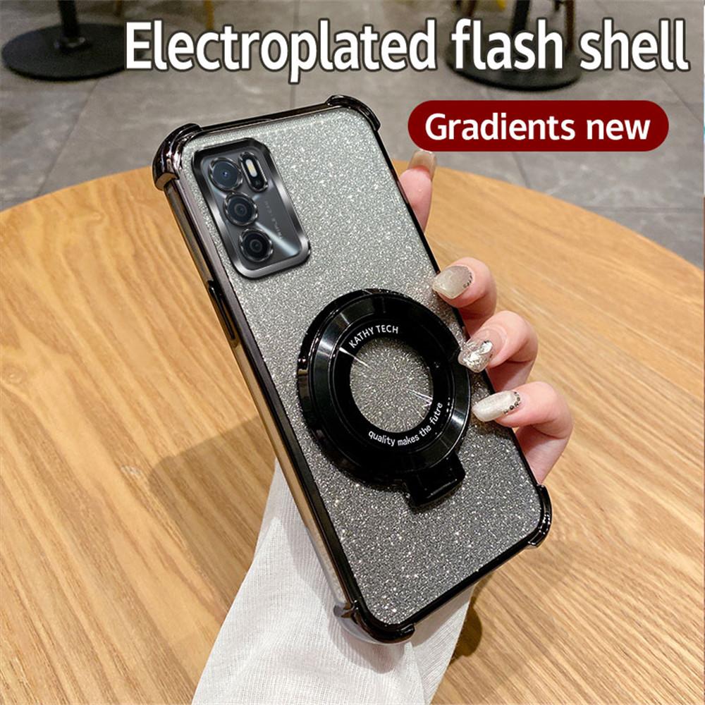 Glitter Shockproof Plating Bracket Phone Holder Case For OPPO A16 A16S A17 A15 A53 A36 A76 A5 A9 2020 A54S A53S Soft Stand Cover