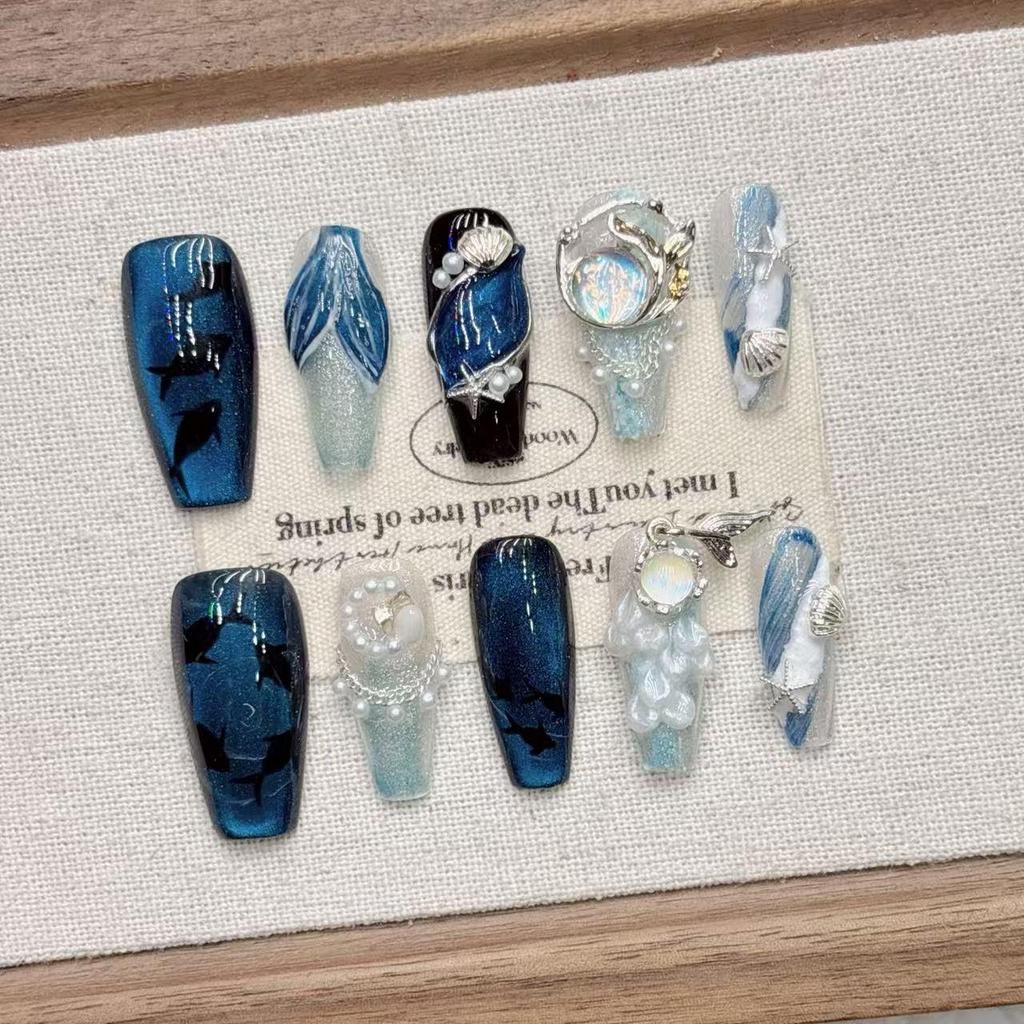 Mermaid Cat Eye Blue Medium Pointed Handmade False Nails