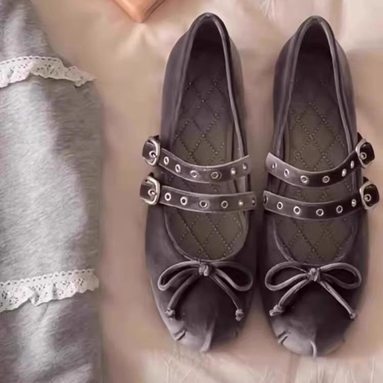 French style suede bow shoes retro double button flat bottomed shallow mouth ballet single shoes for women