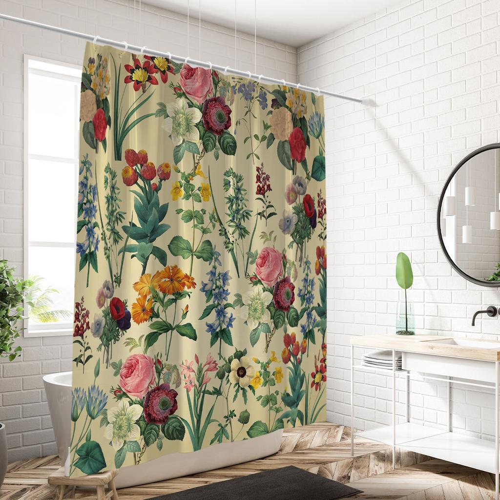 1PC Retro Floral Pattern Printed Shower Curtain, Waterproof and Washable, with 12 Hooks,for Bathroom Showers, Bathtubs, Home Use