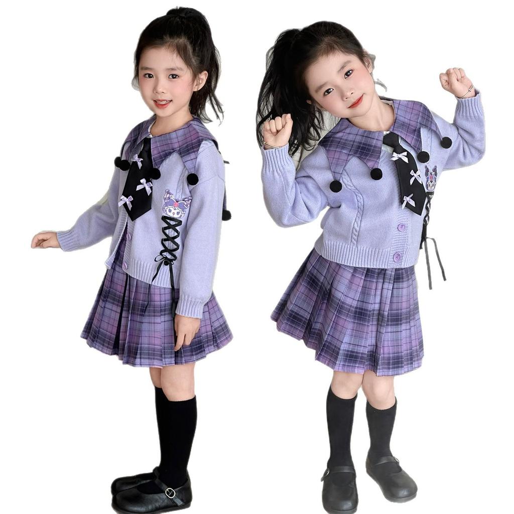 Kuromi School Style Girls' Cosplay Outfit: Sweater, Shirt, Plaid Skirt - Three-Piece Set for Spring/Autumn Performance.