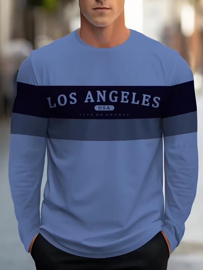 Mens T Shirt Los Angeles 3D Print Long Sleeve Autumn Striped Round Neck Outdoor Sports T-Shirt for Men Daily Men's Tops Clothing