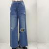 Straight Jeans Women's Pant Washed and Torn Holes Non-stretch Wide-leg Trousers