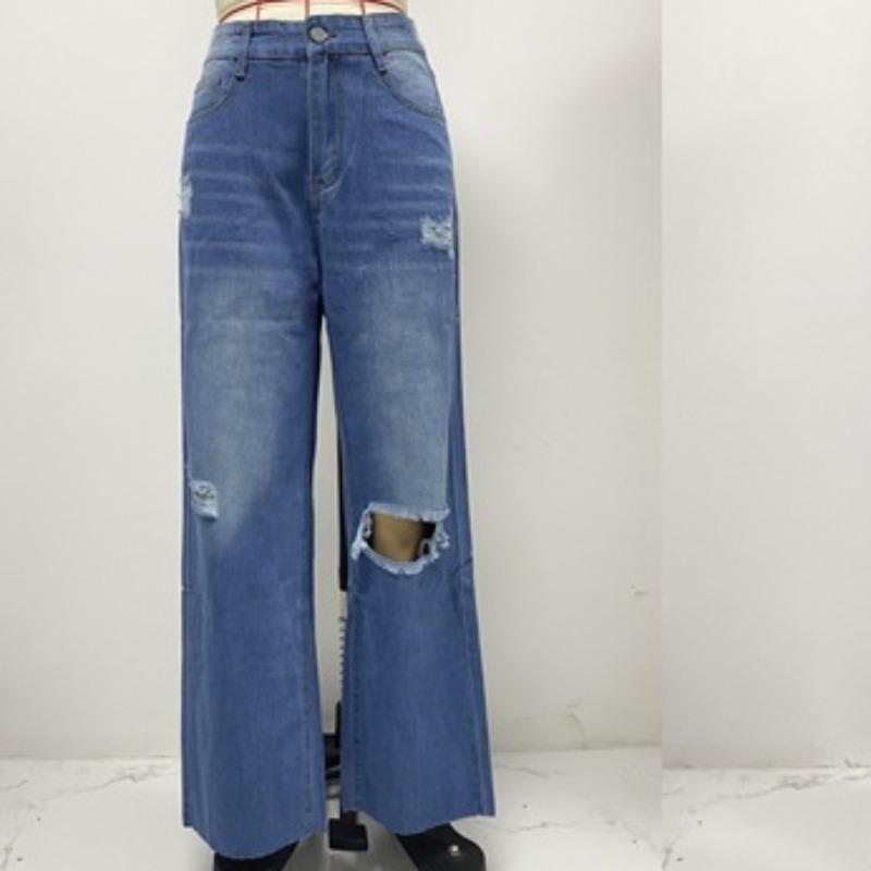 Straight Jeans Women's Pant Washed and Torn Holes Non-stretch Wide-leg Trousers