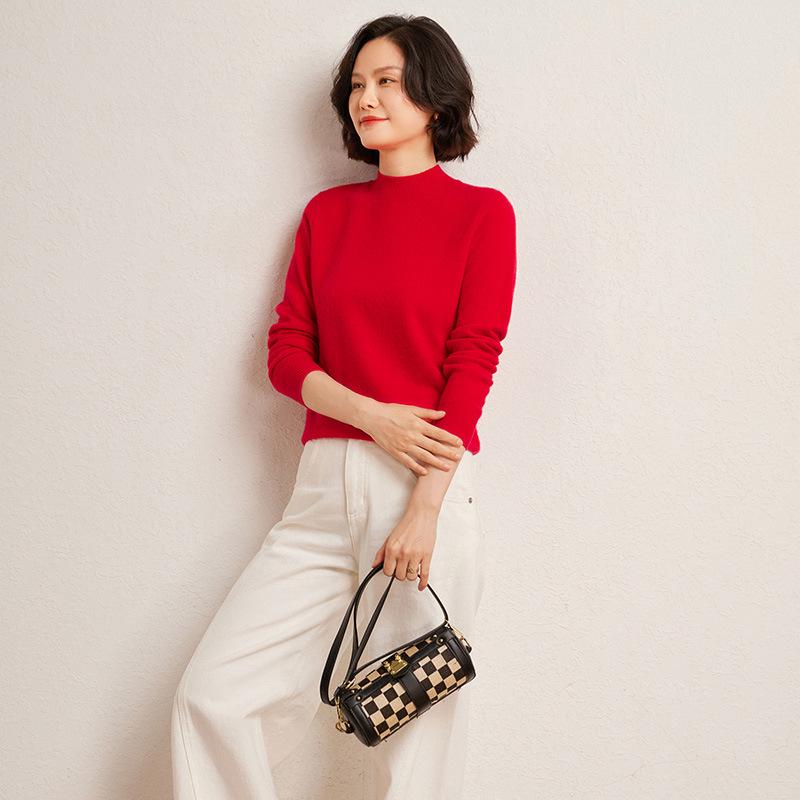 Women's Fashionable Cashmere Half-High Collar Knit Top - Versatile Long Sleeve Warm Base Layer for Autumn/Winter