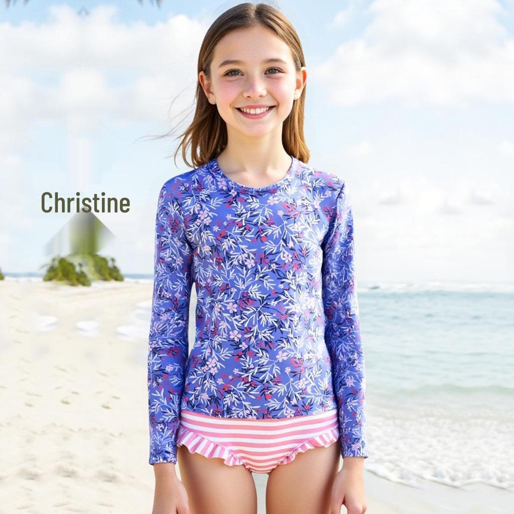 Girls' Long Sleeve Striped 2-Piece Swimsuit - 2025 New Style